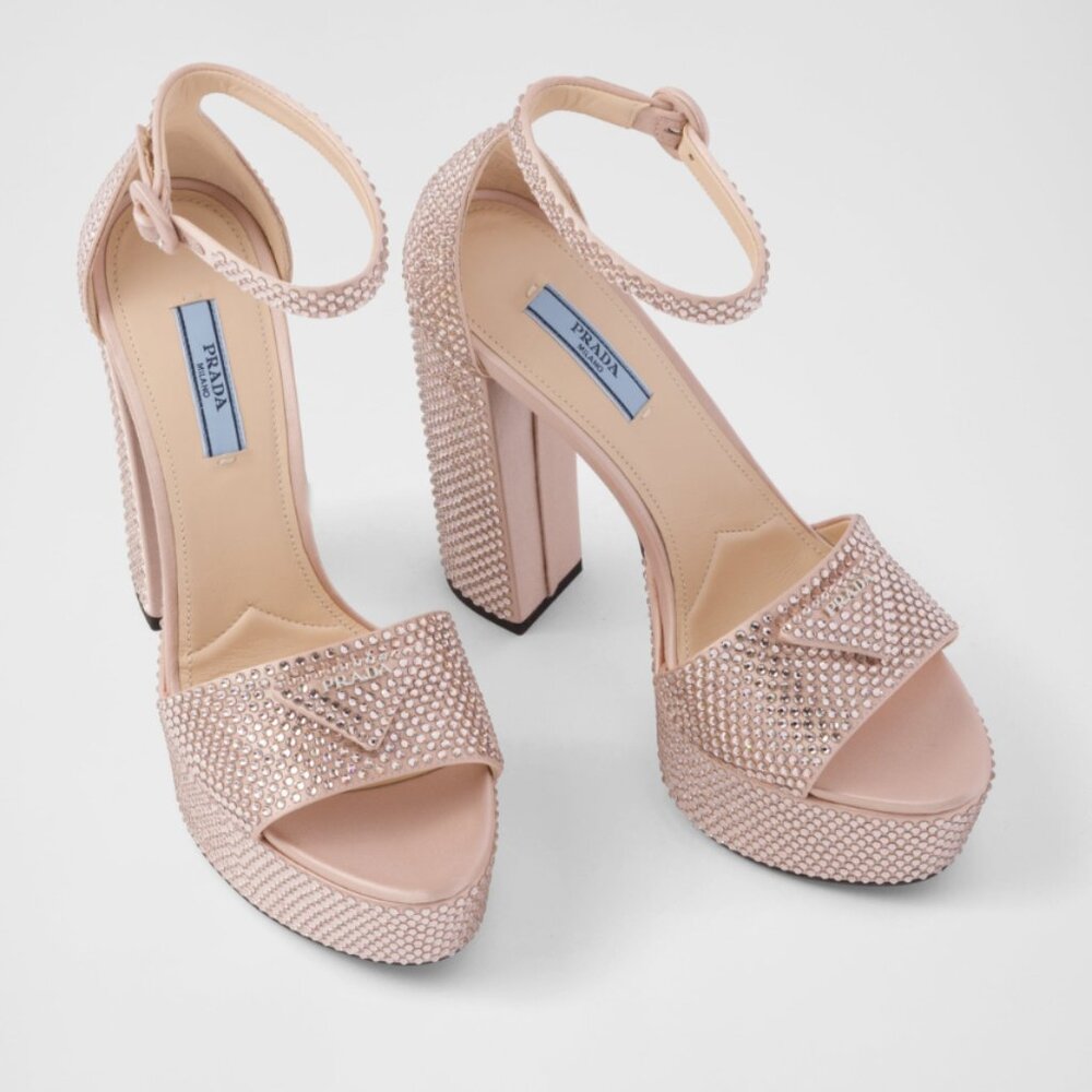 Prada Pink Embellished Platform Heels Logo Satin Crystal Sandals Open Toe